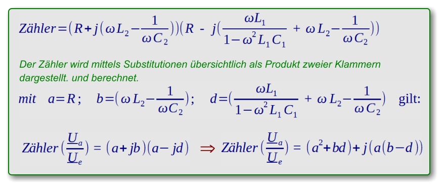 Der Zähler wird mittels Substitutionen übersichtlich als Produkt zweier Klammern dargestellt. und berechnet.